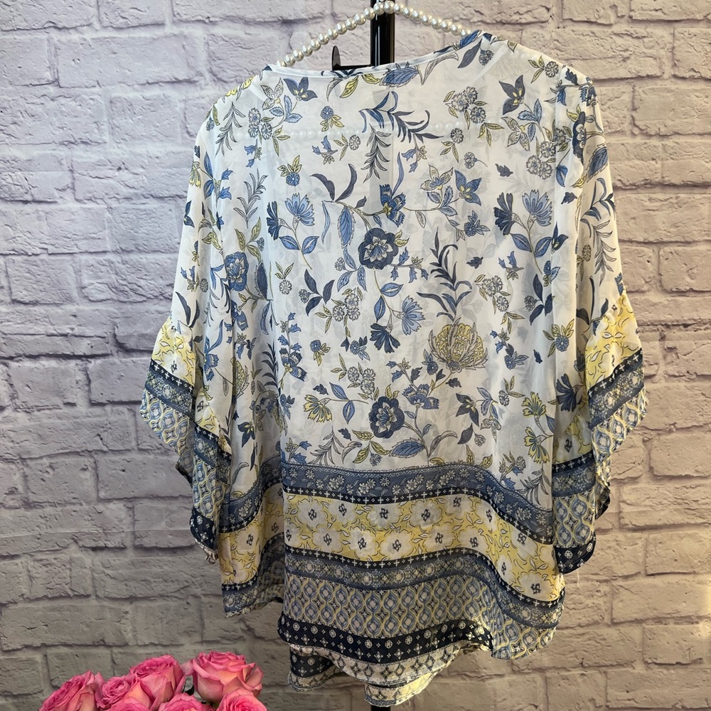 Style & Co. V Neck Bohemian Style Floral Blouse with Frilly Flowy Sleeves - Picture 2 of 6